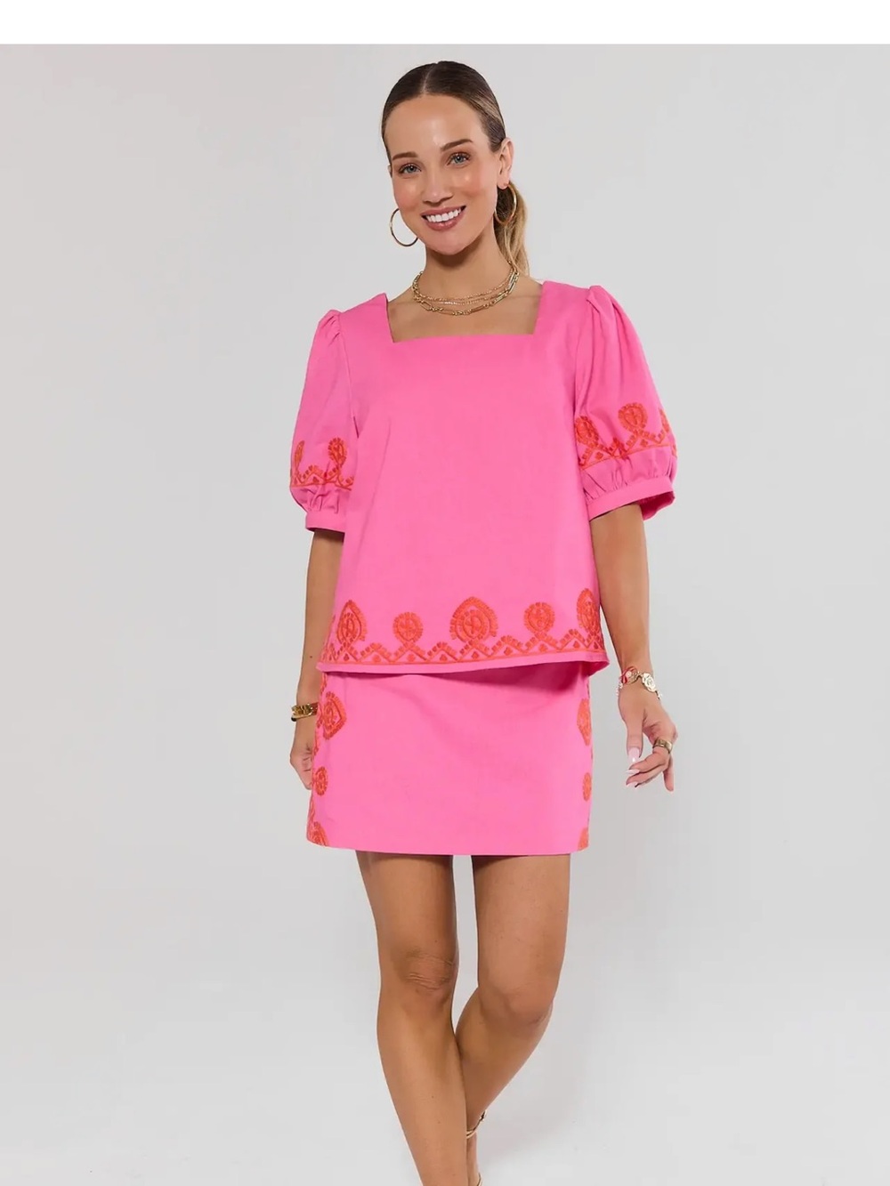 Bright Pink Embroidered Mini Skirt